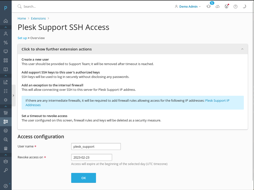 Support SSH Access extension - Plesk