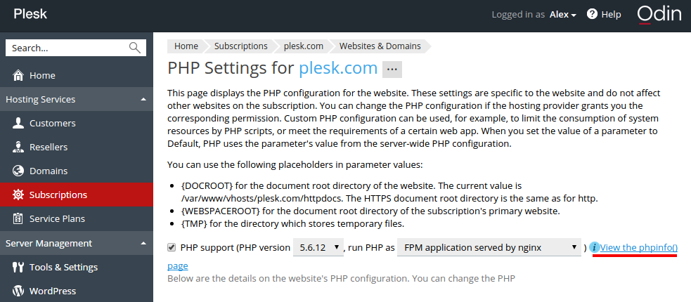 Plesk 12.5 - Php settings 