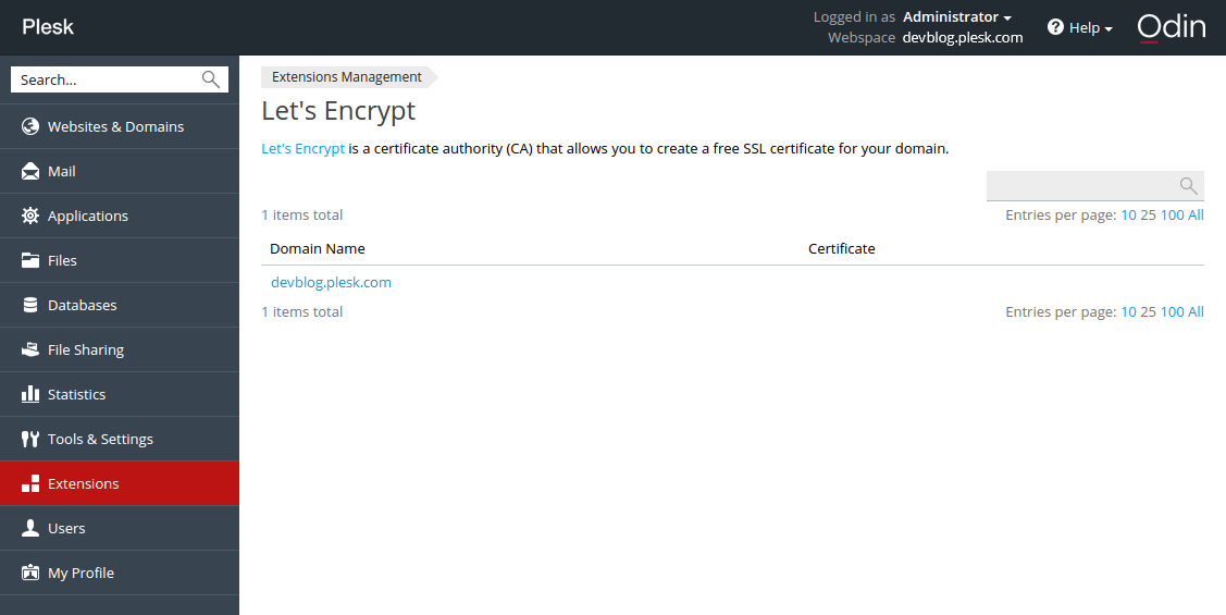Let's Encrypt extension management