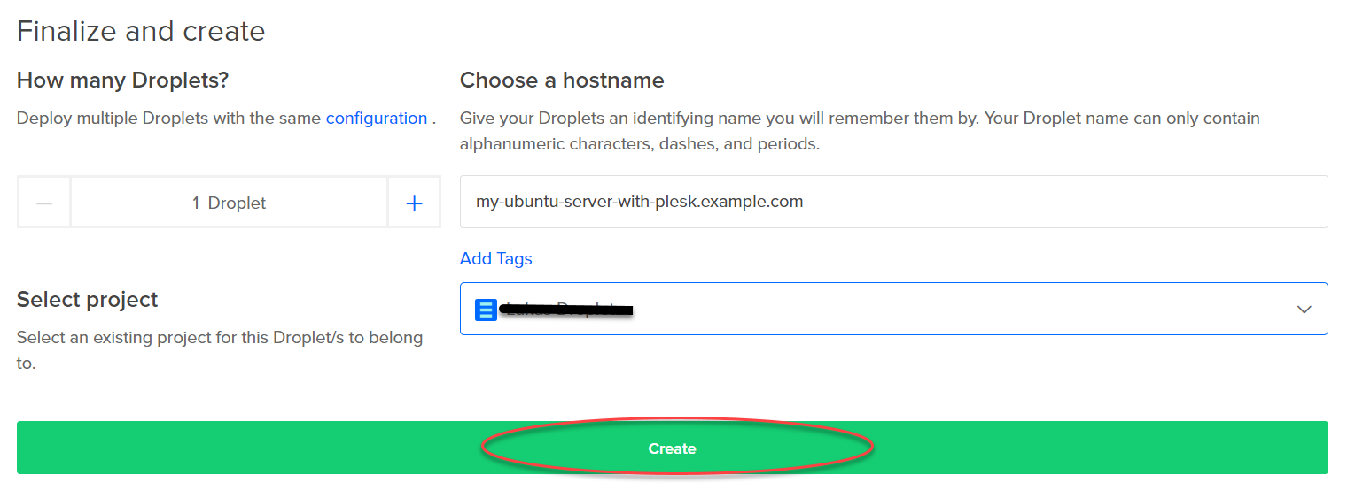Plesk on DigitalOcean now a one-click app - Finalize and create Droplet