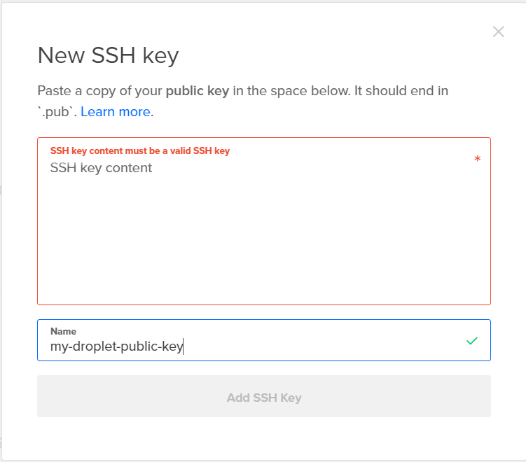 Plesk on DigitalOcean now a one-click app - New SSH key
