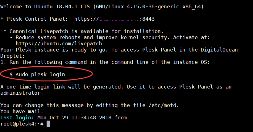 Plesk on DigitalOcean now a one-click app - How to deploy - sudo plesk login screenshot