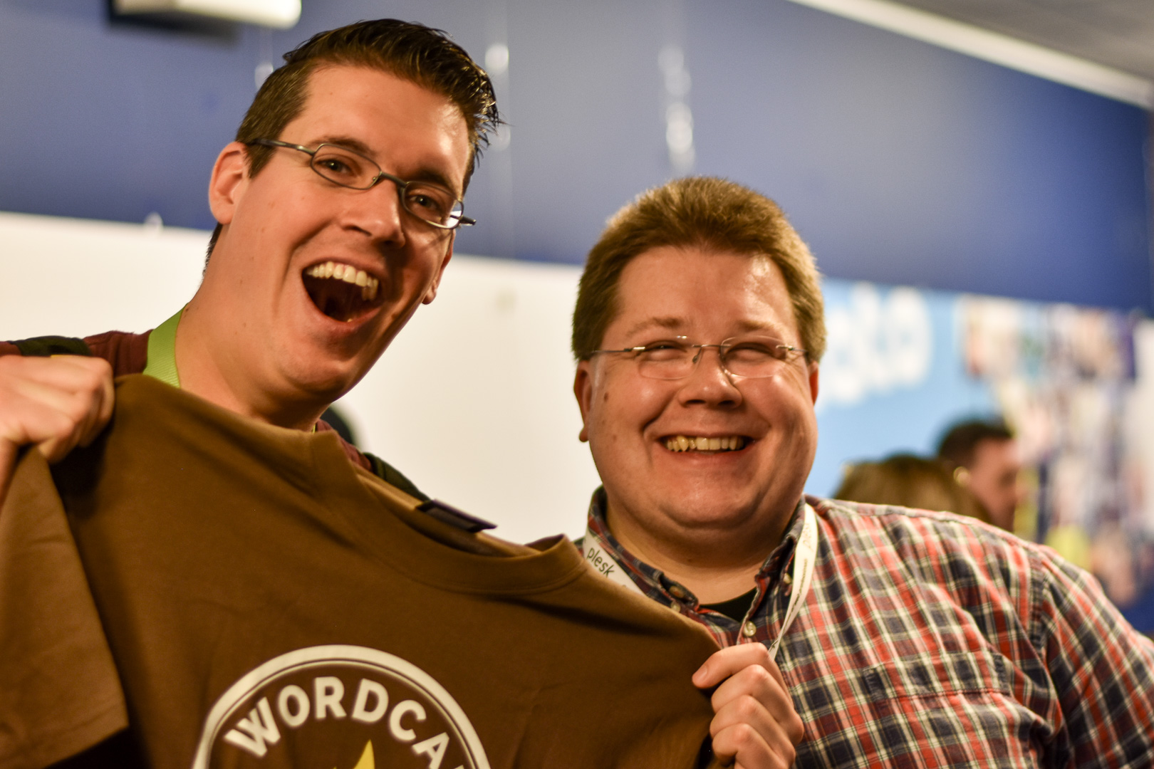 WordCamp Utrecht, Taco Verdonshot and Thomas Brühl with WordCamp Cologne T-shirt
