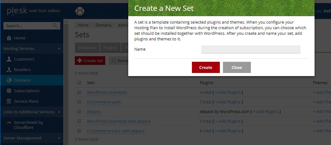 Create a new plugin or theme set - managed wordpress hosting with Plesk