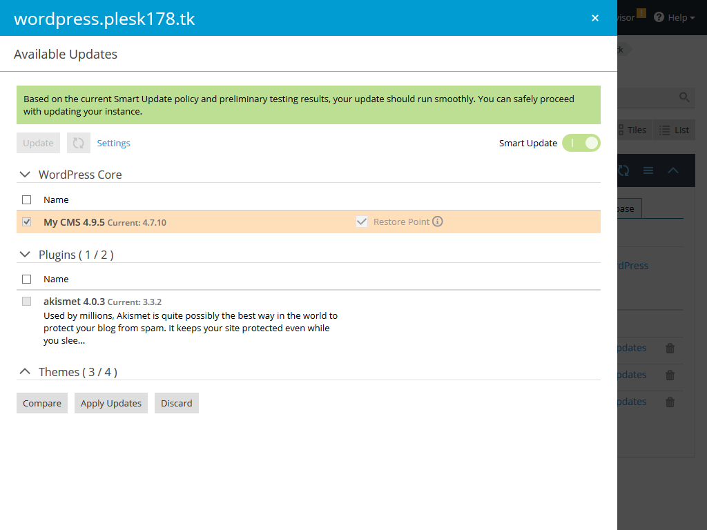 smart-updates for WP toolkit -screenshot - Plesk extension