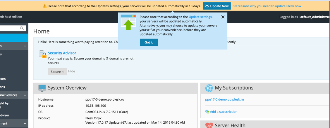 Plesk 17.8 auto-update pop-up notification on Plesk panel from April 22/29. - Plesk 17.8 server auto-update