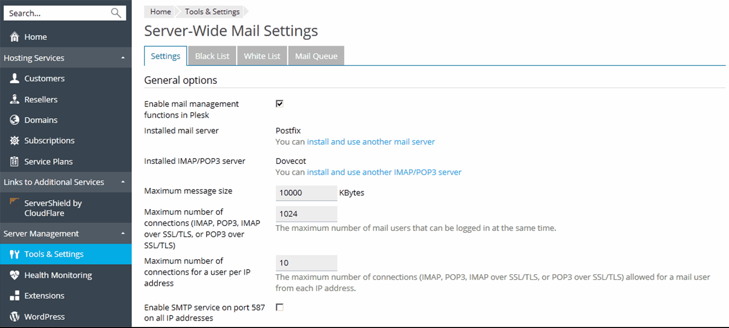 Configuring Server-Wide Mail Settings -Plesk