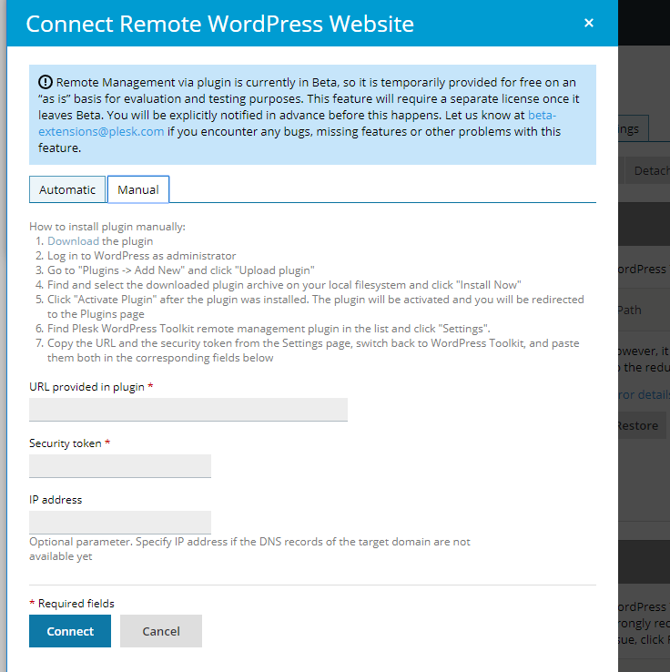 Connect Remote WordPress Website Manually - WordPress Toolkit 4.1 - Plesk