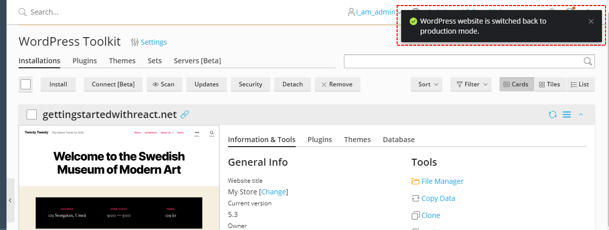 Action notifications behavior change Plesk