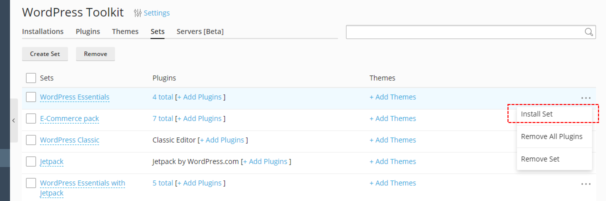 existing admin interface for working with sets - Plesk