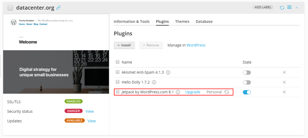 jetpack extension in WordPress Toolkit - plugin upgrade