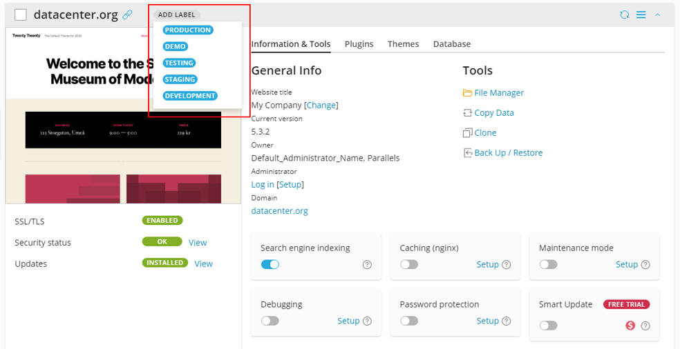 WordPress Toolkit update - 4.5 - Website labels -2