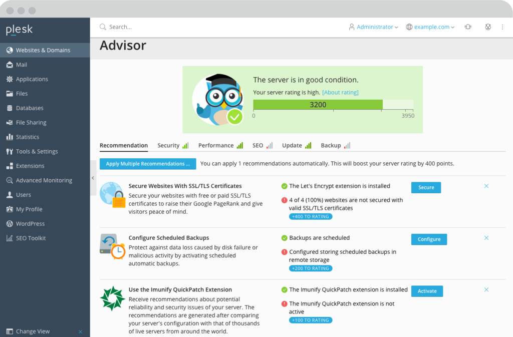 Advisor control panel Plesk