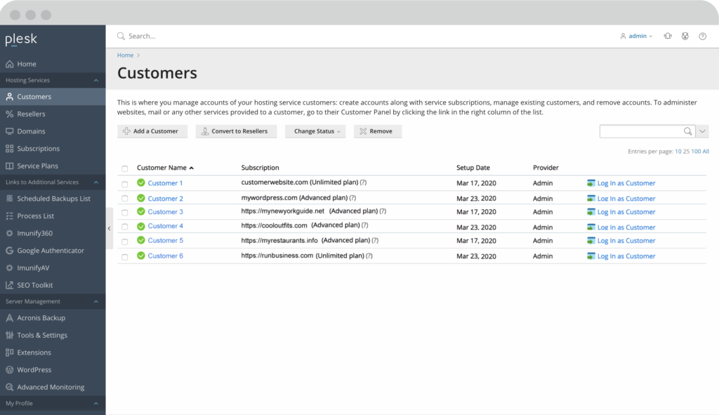 Service provider view Plesk