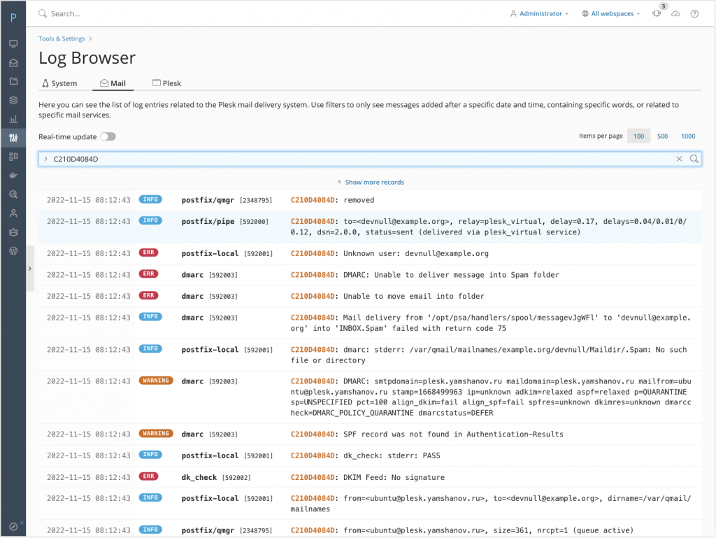 Plesk Log Browser mail