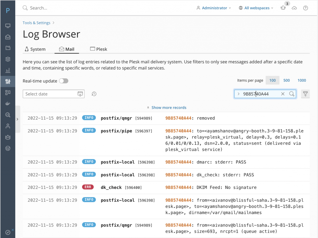Plesk Log Browser email delivery