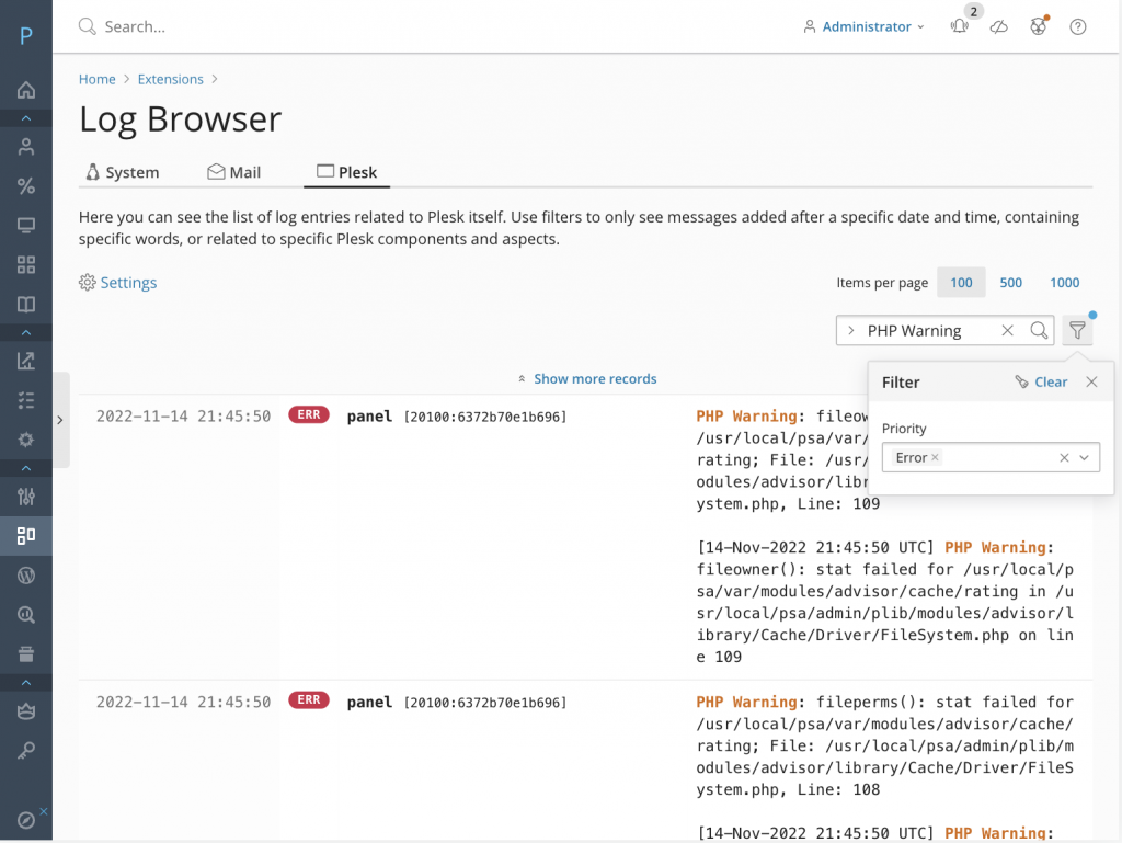 Plesk Log Browser plesk log