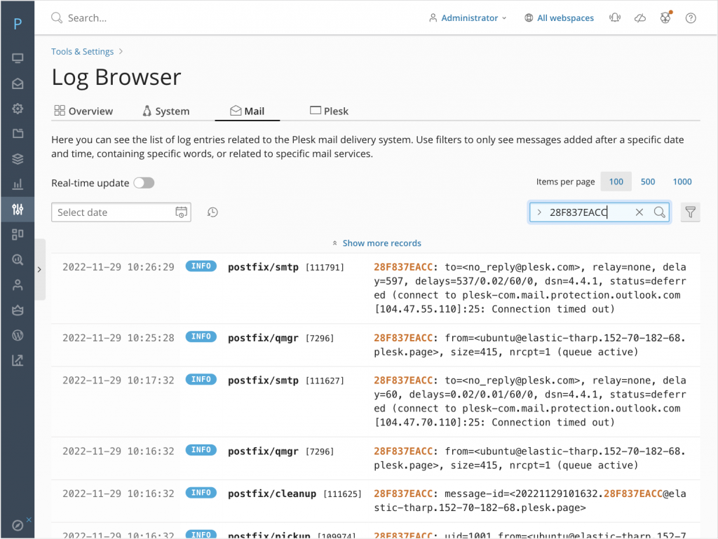 Plesk Log Browser postfix