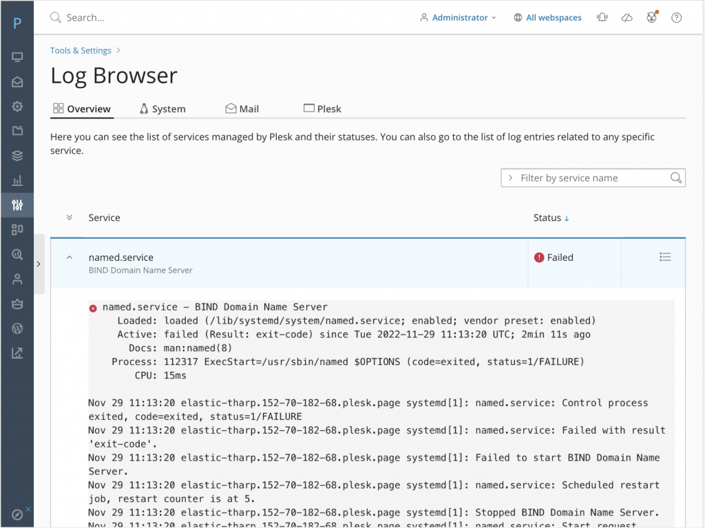 Plesk Log Browser service failed