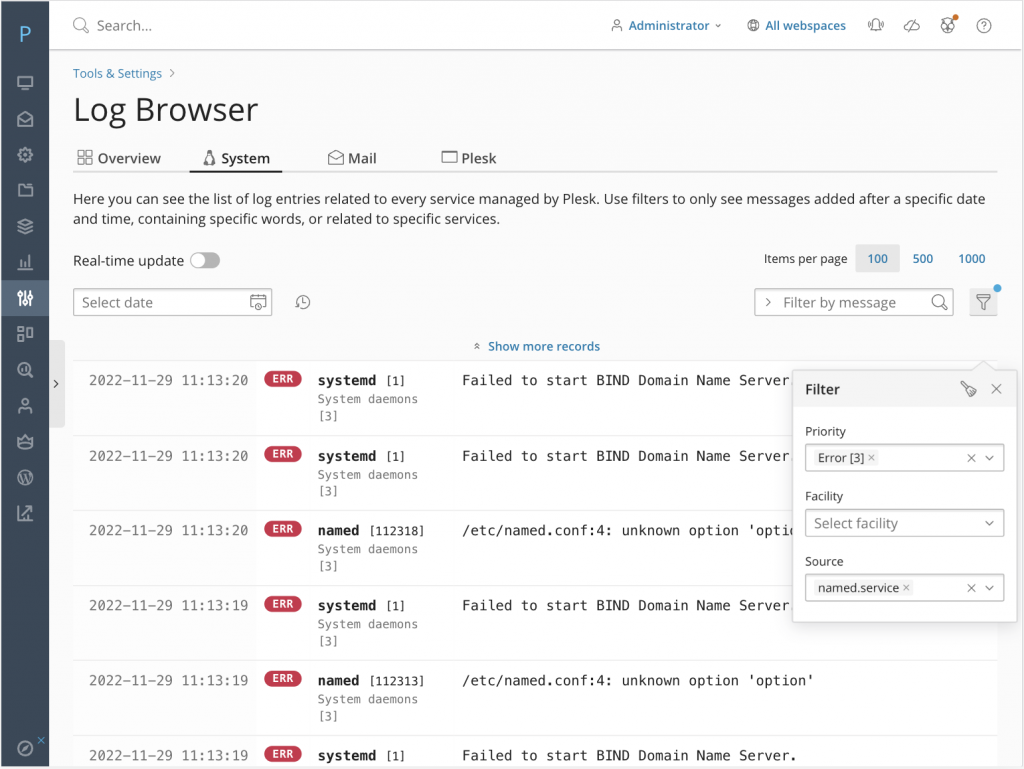 Plesk Log Browser error