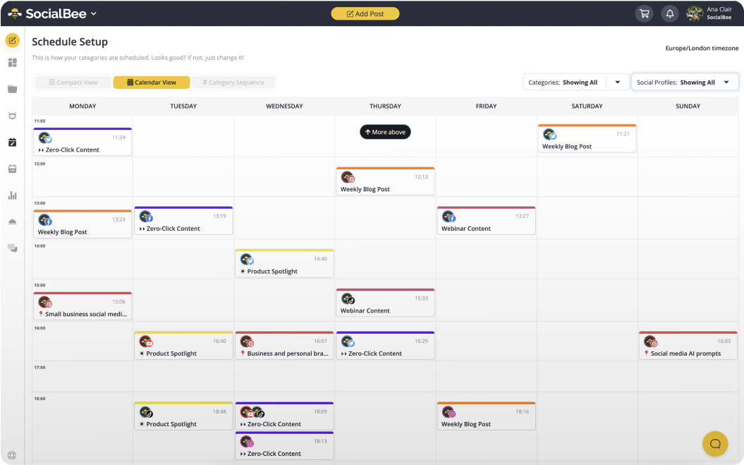 SocialBee content calendar