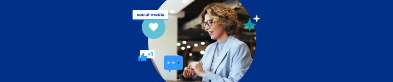 A woman is working at a desk on a laptop. Surrounding her are social media icons including a heart, a thumbs-up with "+1", and a speech bubble.
