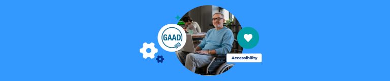 Banner for the Plesk Accessibility blog featuring a blue background, a man holding a laptop, and floating text stating 'GAAD' and 'Accessibility'.