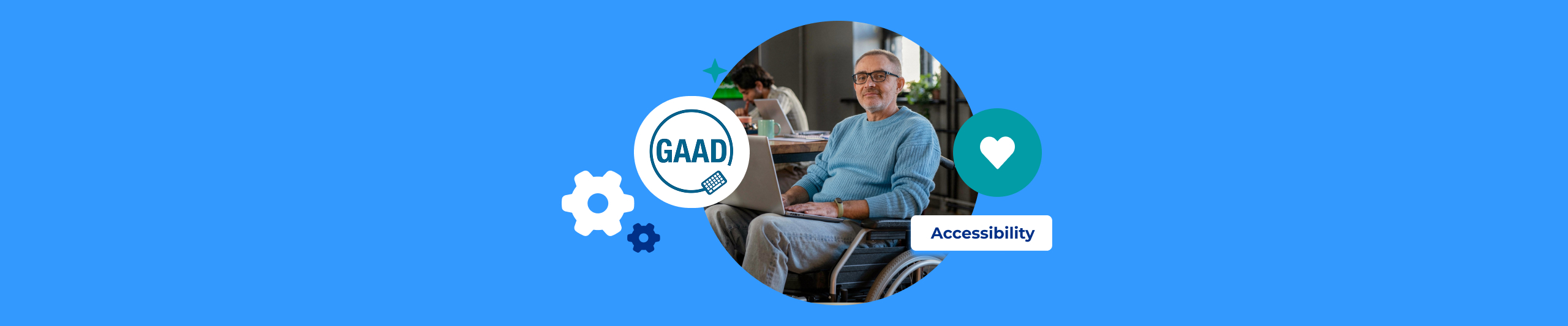 Banner for the Plesk Accessibility blog featuring a blue background, a man holding a laptop, and floating text stating 'GAAD' and 'Accessibility'.